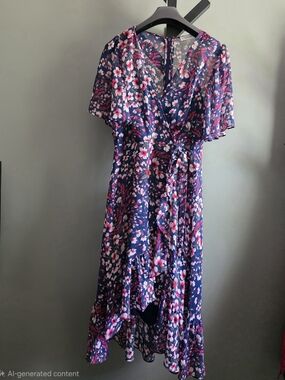 Calvin Klein Navy Floral High-Low Wrap Dress with Pink Accents